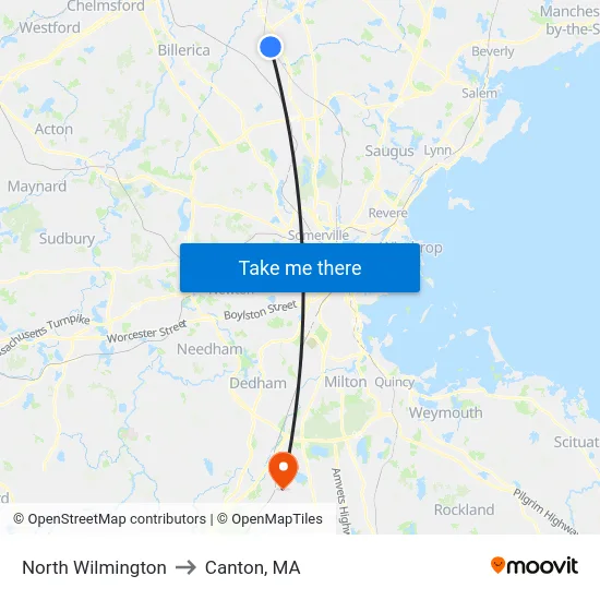 North Wilmington to Canton, MA map