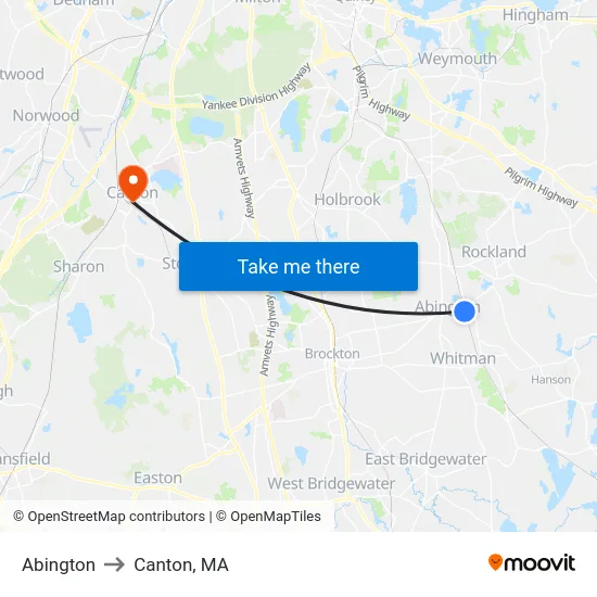 Abington to Canton, MA map