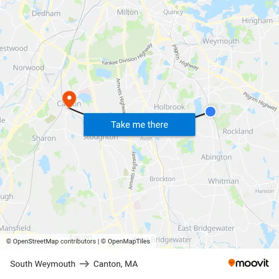 South Weymouth to Canton, MA map