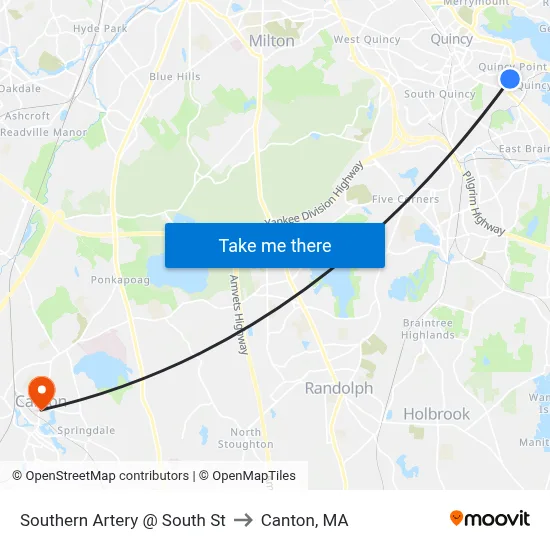 Southern Artery @ South St to Canton, MA map