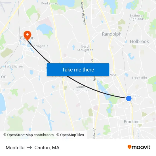 Montello to Canton, MA map