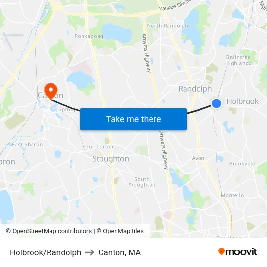 Holbrook/Randolph to Canton, MA map