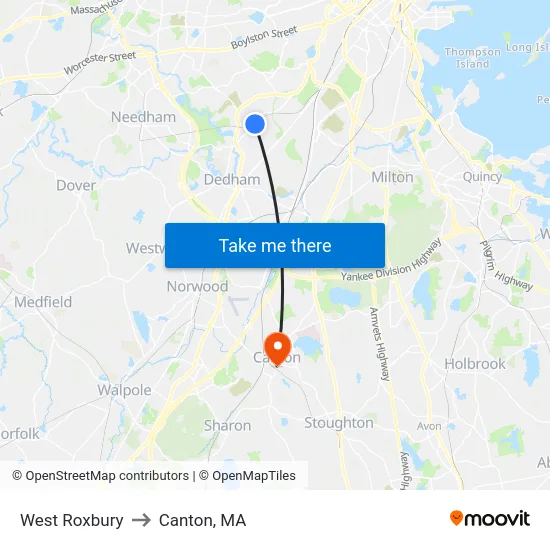West Roxbury to Canton, MA map