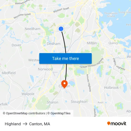 Highland to Canton, MA map