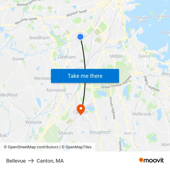 Bellevue to Canton, MA map
