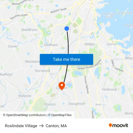 Roslindale Village to Canton, MA map