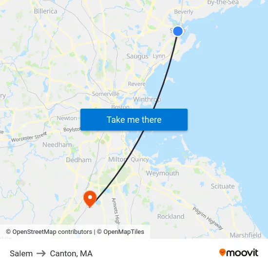Salem to Canton, MA map