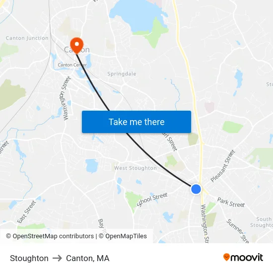 Stoughton to Canton, MA map