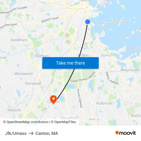Jfk/Umass to Canton, MA map