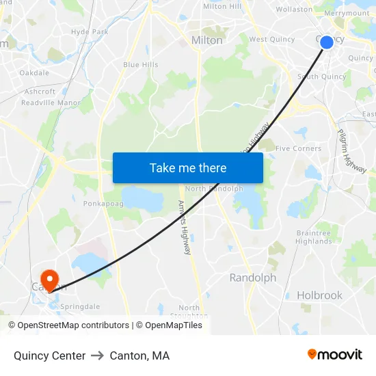 Quincy Center to Canton, MA map