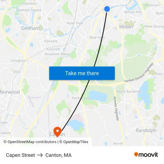 Capen Street to Canton, MA map