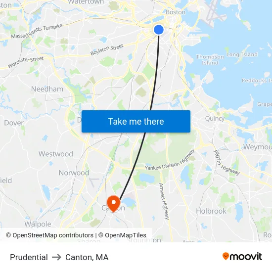 Prudential to Canton, MA map