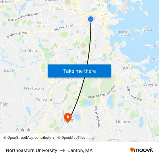 Northeastern University to Canton, MA map