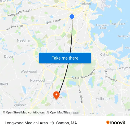 Longwood Medical Area to Canton, MA map