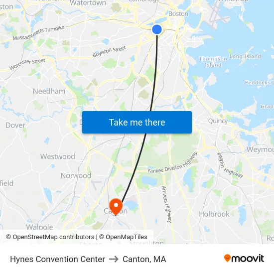 Hynes Convention Center to Canton, MA map