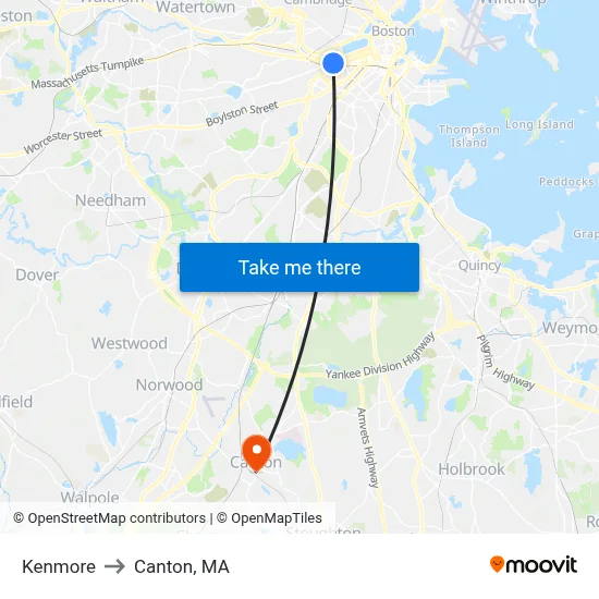 Kenmore to Canton, MA map