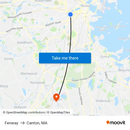 Fenway to Canton, MA map