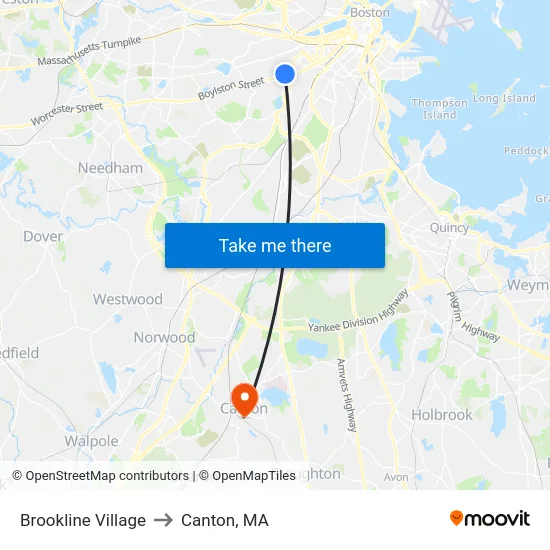 Brookline Village to Canton, MA map