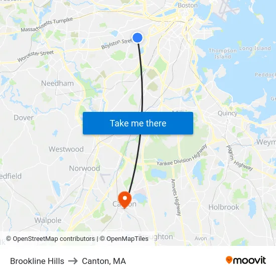Brookline Hills to Canton, MA map