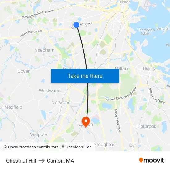 Chestnut Hill to Canton, MA map