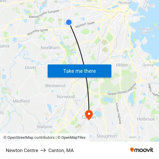 Newton Centre to Canton, MA map