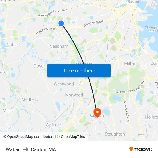 Waban to Canton, MA map