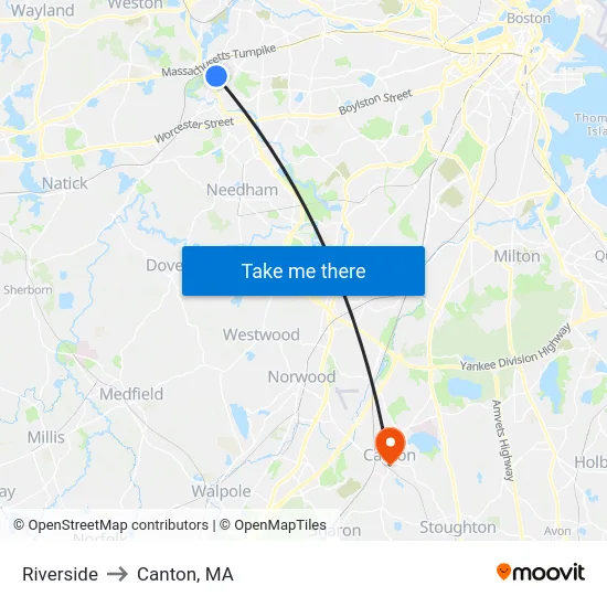 Riverside to Canton, MA map