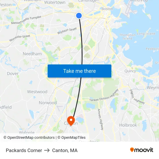 Packards Corner to Canton, MA map