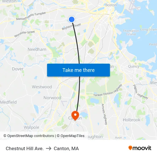 Chestnut Hill Ave. to Canton, MA map