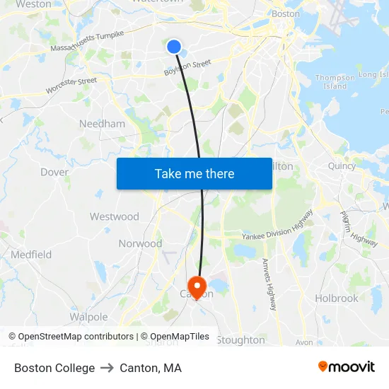 Boston College to Canton, MA map