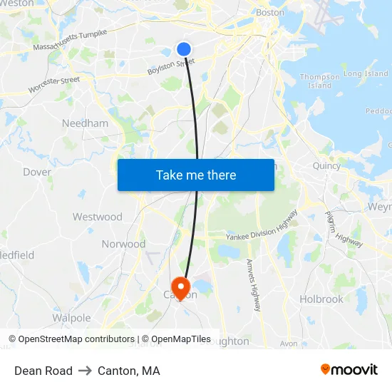 Dean Road to Canton, MA map