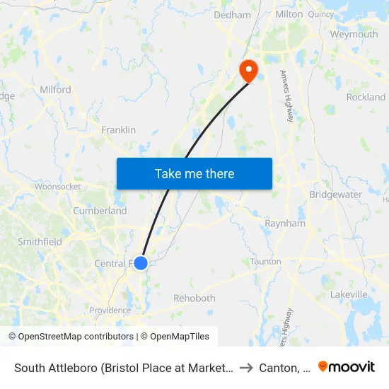 South Attleboro (Bristol Place at Market Basket) to Canton, MA map