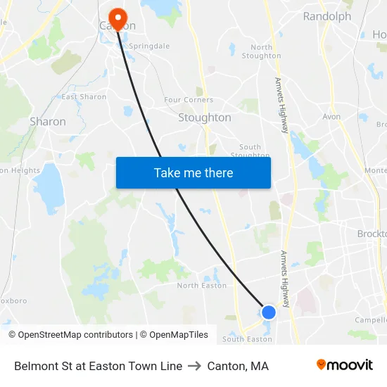 Belmont St at Easton Town Line to Canton, MA map