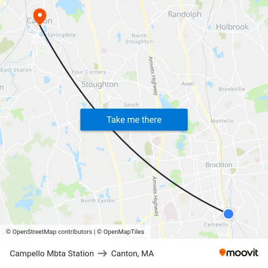 Campello Mbta Station to Canton, MA map