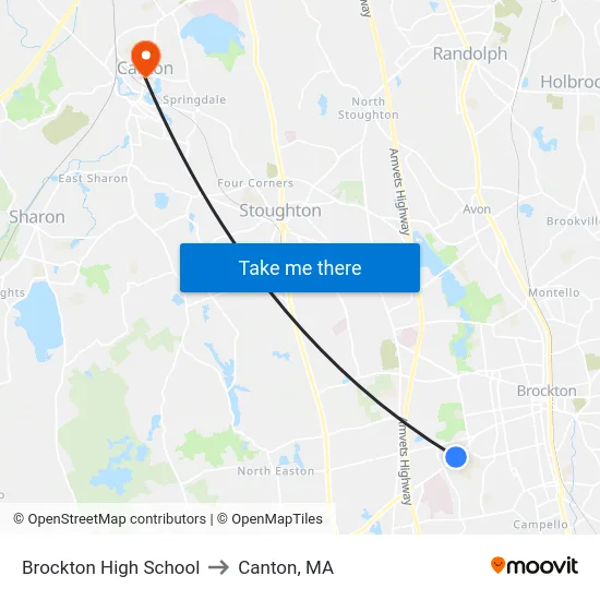 Brockton High School to Canton, MA map