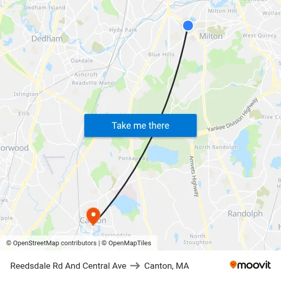 Reedsdale Rd And Central Ave to Canton, MA map
