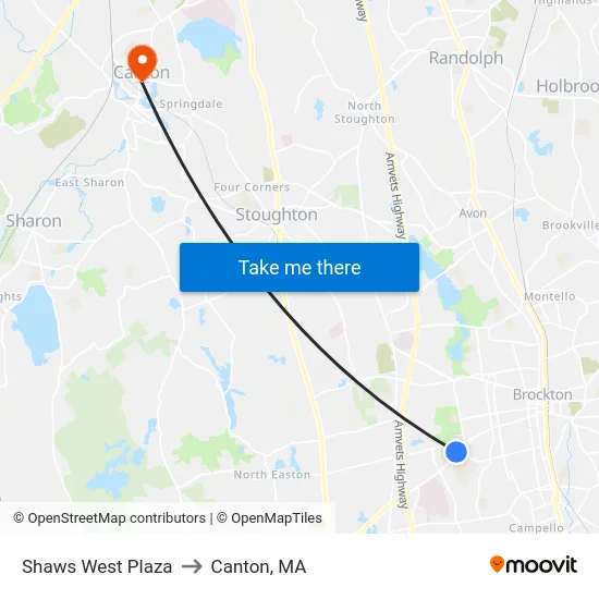 Shaws West Plaza to Canton, MA map