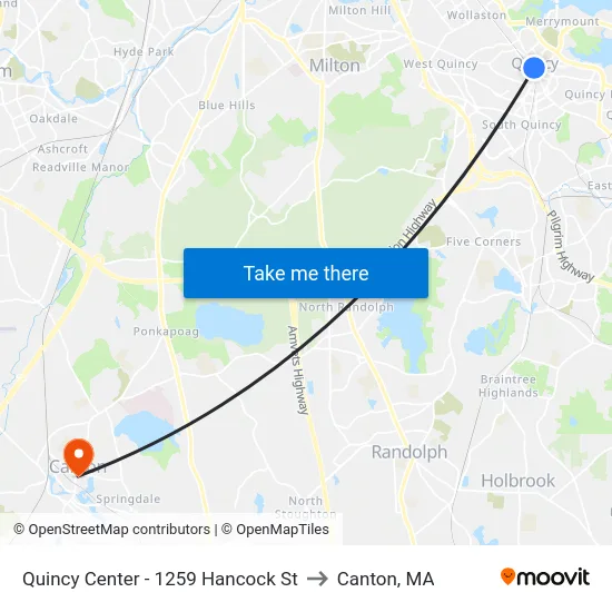 Quincy Center - 1259 Hancock St to Canton, MA map