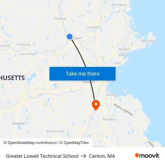 Greater Lowell Technical School to Canton, MA map