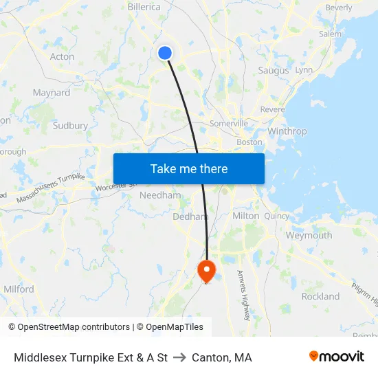 Middlesex Turnpike Ext & A St to Canton, MA map