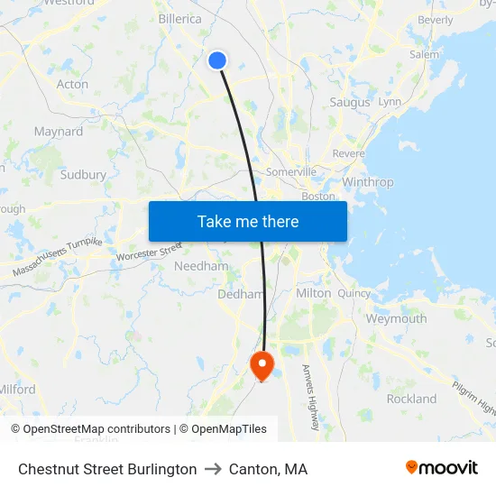 Chestnut Street Burlington to Canton, MA map
