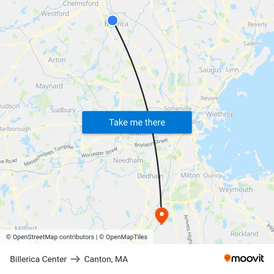 Billerica Center to Canton, MA map