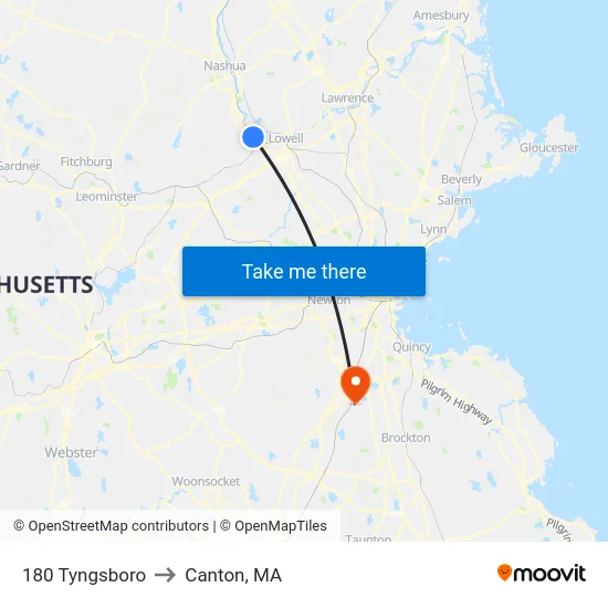 180 Tyngsboro to Canton, MA map