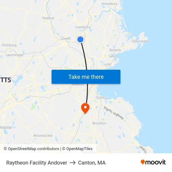 Raytheon Facility Andover to Canton, MA map