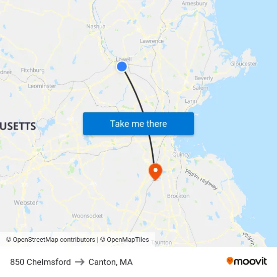850 Chelmsford to Canton, MA map