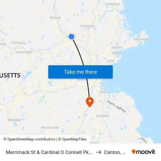 Merrimack St & Cardinal O Connell Pkwy to Canton, MA map