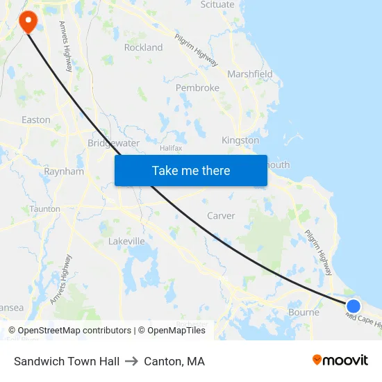 Sandwich Town Hall to Canton, MA map