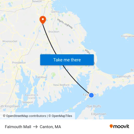 Falmouth Mall to Canton, MA map