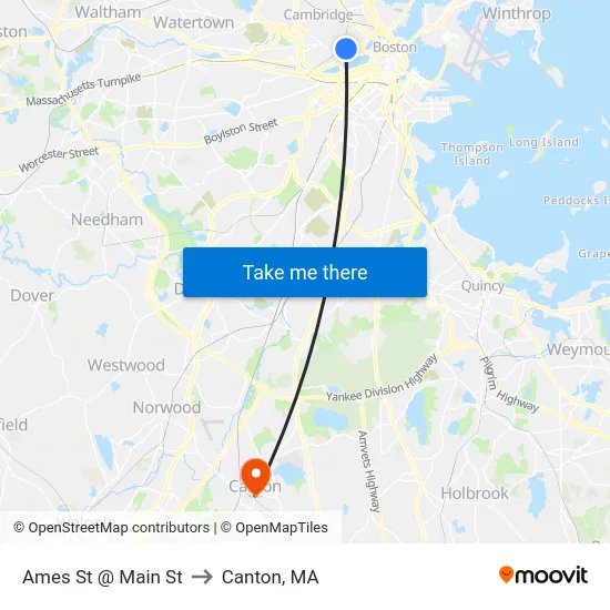 Ames St @ Main St to Canton, MA map