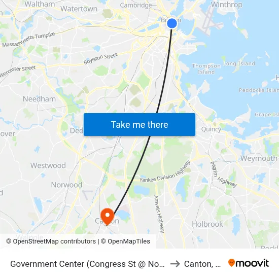 Government Center (Congress St @ North St) to Canton, MA map
